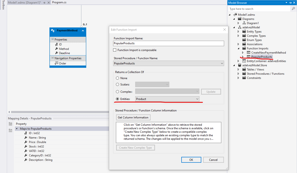Mapping properties of a stored procedure
